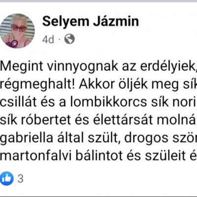 Selyem Jàzmin őrült, gyűlölködős Facebook posztjai