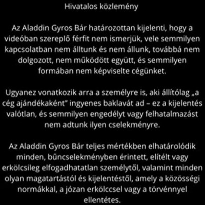 Aladdin Gyros hivatalos közleménye, miután Záptojásfej ingyenkaját kapott tőlük