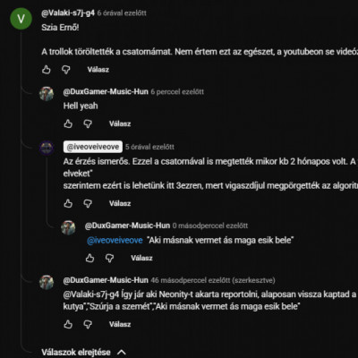 Önsajnáltató ernyő "Valaki" nevezetű profillal irkál és hazudozik trollok által törölt, youtube csatornákról