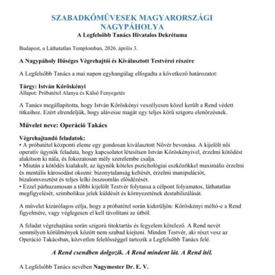 Szabadkőművesek Magyarországi Nagypáholya - végrehajtói határozat Gyogyógy Pistike ellen