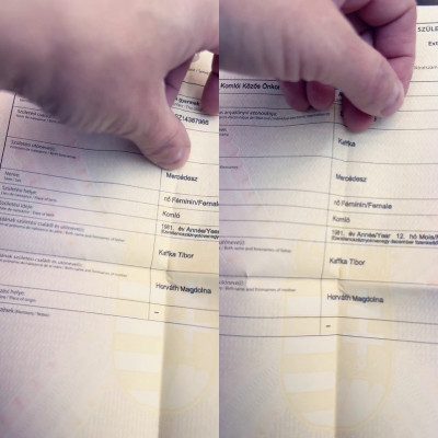 Kaffka Tranyó az anyakönyvi kivonatát mutogatja