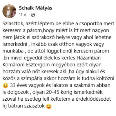 Schalk Trutyi Matyi társkeresős posztja - Nov. 26.
