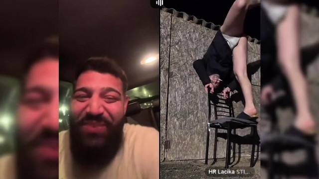 Debil cickány kolduspárbaj közben próbál kézenállni egy széken tangában, de leesik - live részlet