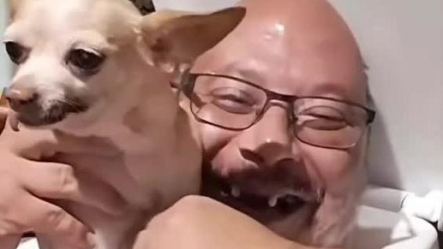 Gyuluska wc deszkával a fején próbál a kutyájával humorizálni